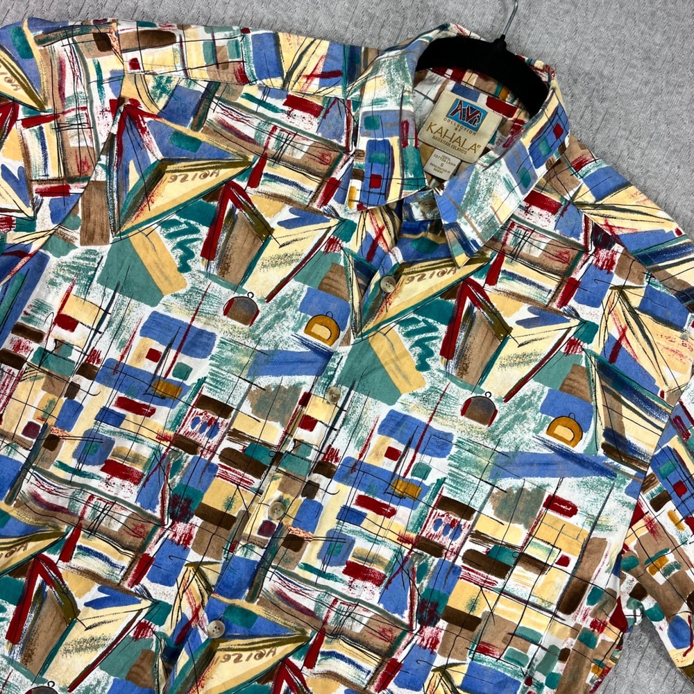 Kahala Button up Shirt Men S Multicolor Abstract Sailboat Cotton Lawn Hawaiian